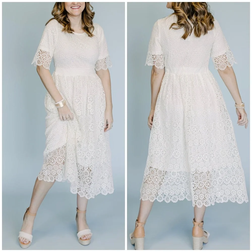 LAST 1❗️POLAGRAM White Embroidery Crochet Midi Dress - Picture 1 of 14